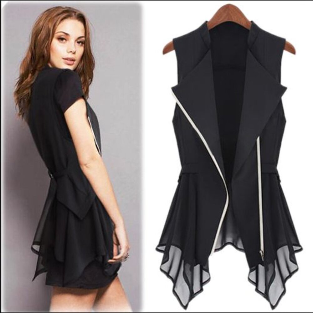 Black Chiffon Asymmetrical Hem Zip Up Vest